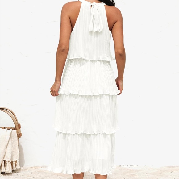Halter Neck Ruffle Tiered Layered Chiffon Flowy Midi Dress - Picture 2 of 4